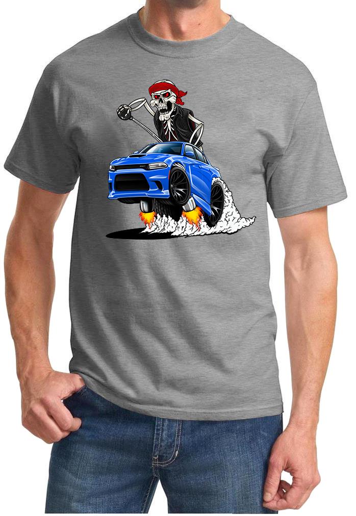 SRT Charger Hellcat Biker Skeleton Blue Car Design Tshirt NEW - Picture 8 of 11