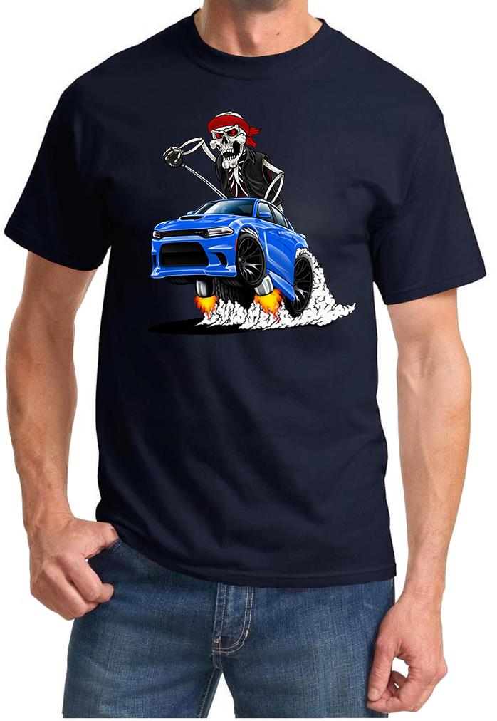 SRT Charger Hellcat Biker Skeleton Blue Car Design Tshirt NEW - Picture 3 of 11