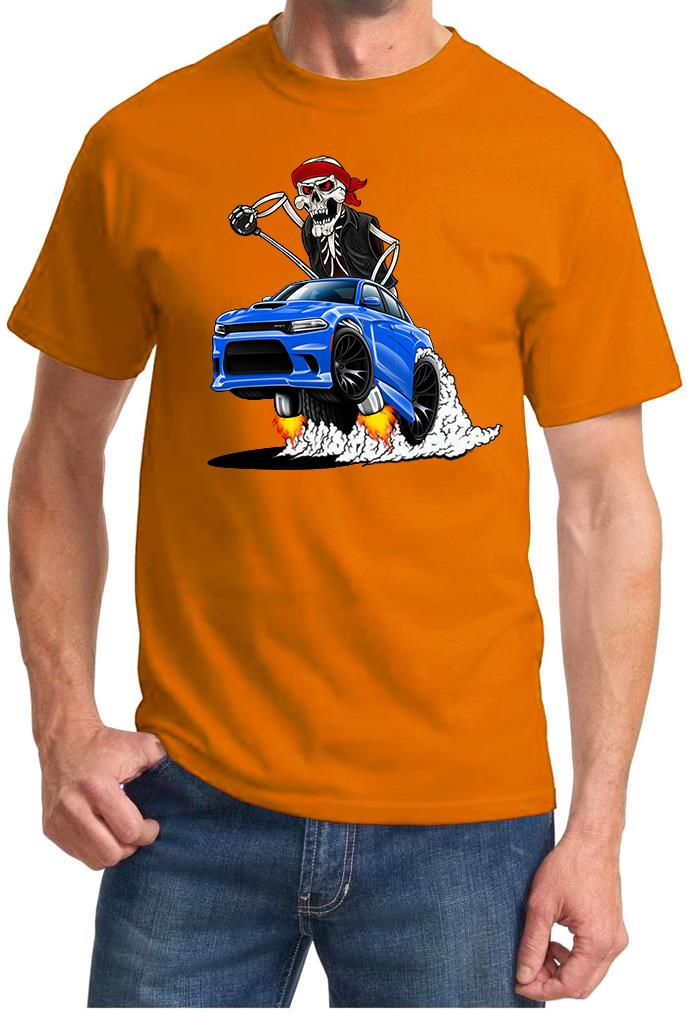 SRT Charger Hellcat Biker Skeleton Blue Car Design Tshirt NEW - Picture 6 of 11