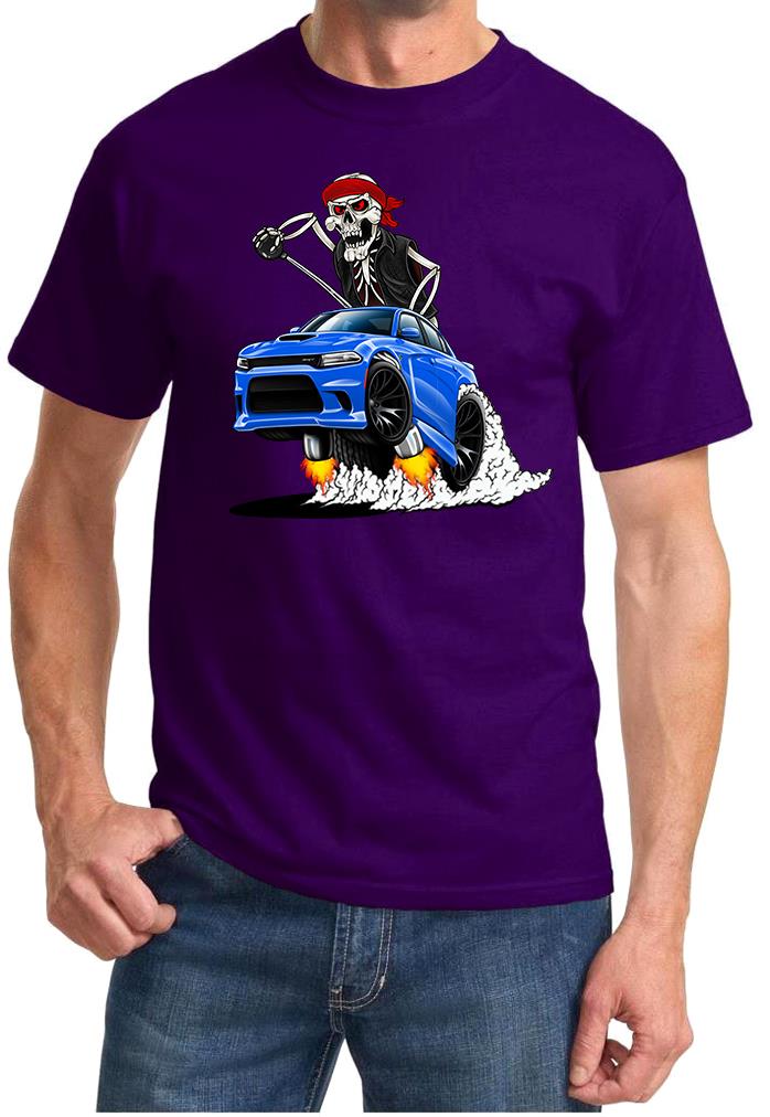 SRT Charger Hellcat Biker Skeleton Blue Car Design Tshirt NEW - Picture 7 of 11