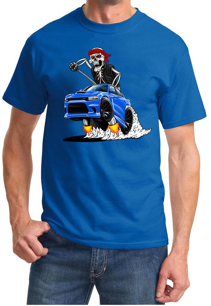 SRT Charger Hellcat Biker Skeleton Blue Car Design Tshirt NEW - Picture 4 of 11