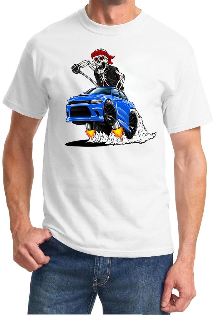 SRT Charger Hellcat Biker Skeleton Blue Car Design Tshirt NEW - Picture 10 of 11