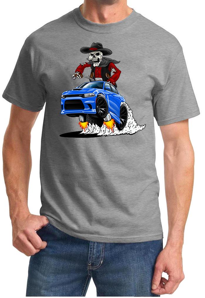 SRT Charger Hellcat Cowboy Skeleton Blue Car Design Tshirt NEW - Picture 8 of 11