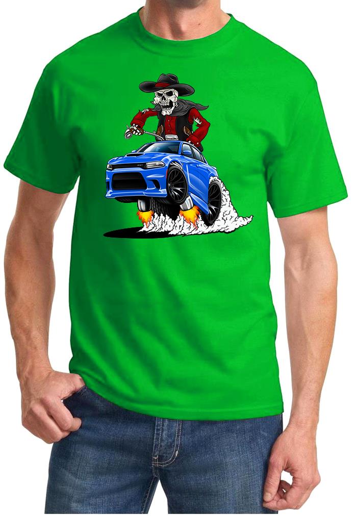SRT Charger Hellcat Cowboy Skeleton Blue Car Design Tshirt NEW - Picture 9 of 11