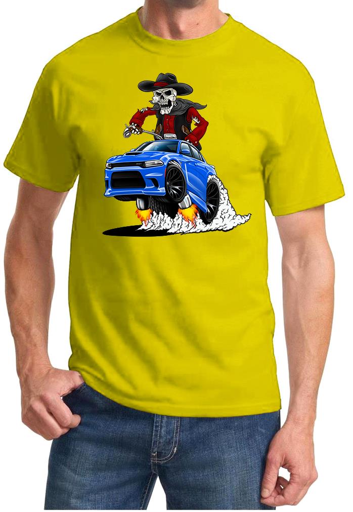 SRT Charger Hellcat Cowboy Skeleton Blue Car Design Tshirt NEW - Picture 11 of 11