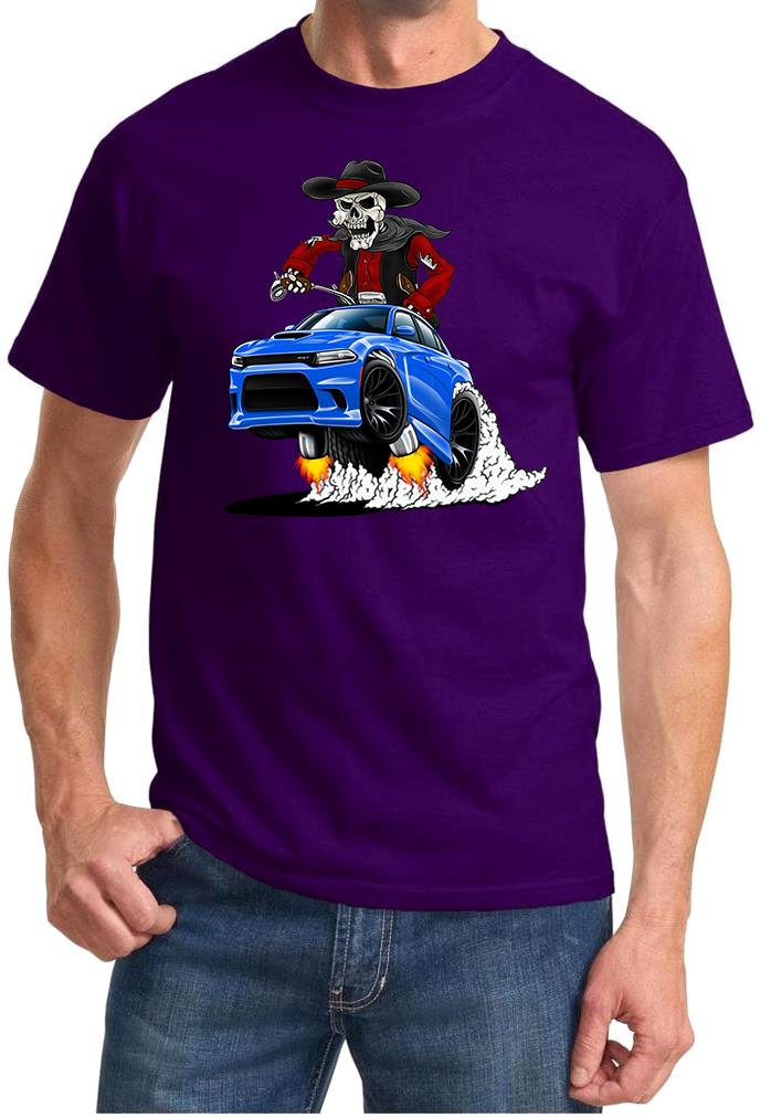 SRT Charger Hellcat Cowboy Skeleton Blue Car Design Tshirt NEW - Picture 7 of 11