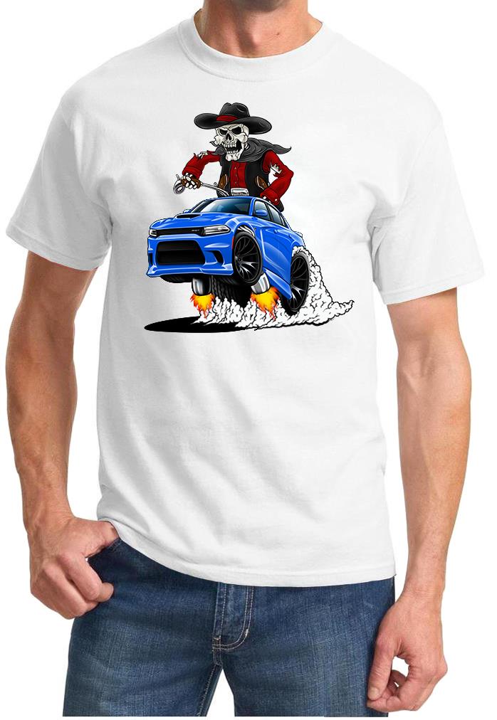 SRT Charger Hellcat Cowboy Skeleton Blue Car Design Tshirt NEW - Picture 10 of 11