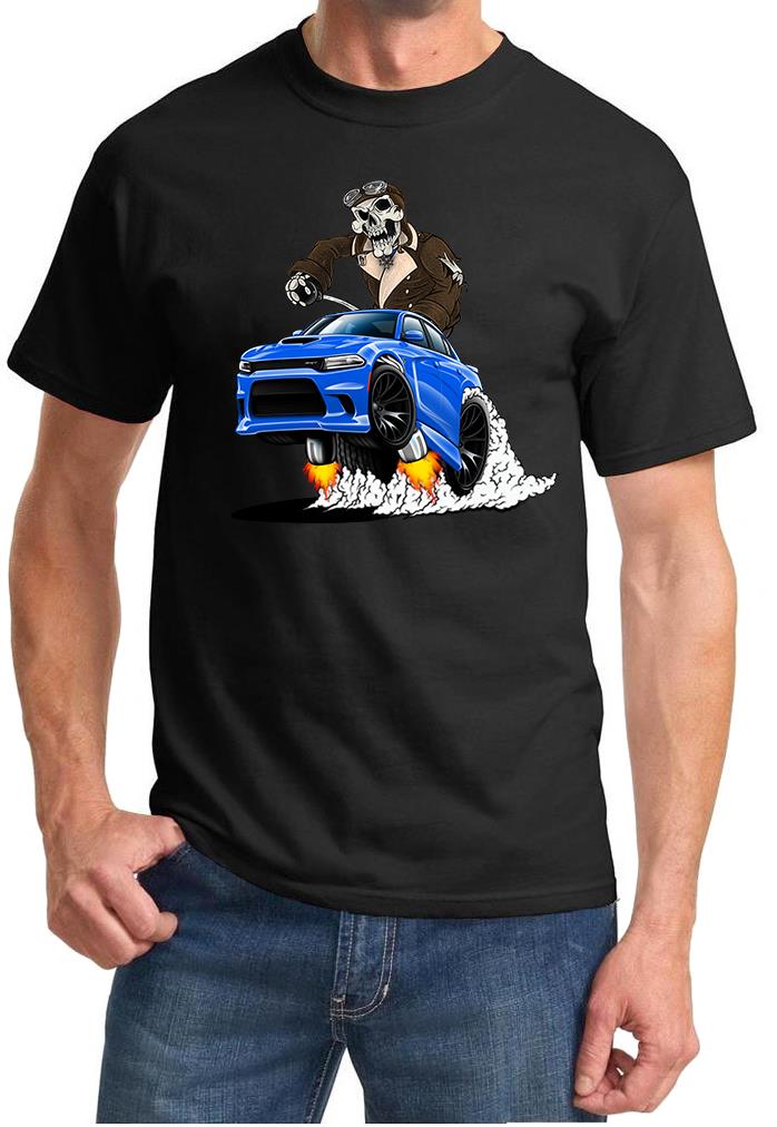 SRT Charger Hellcat Pilot Skeleton Blue Car Design Tshirt NEW - Picture 2 of 11