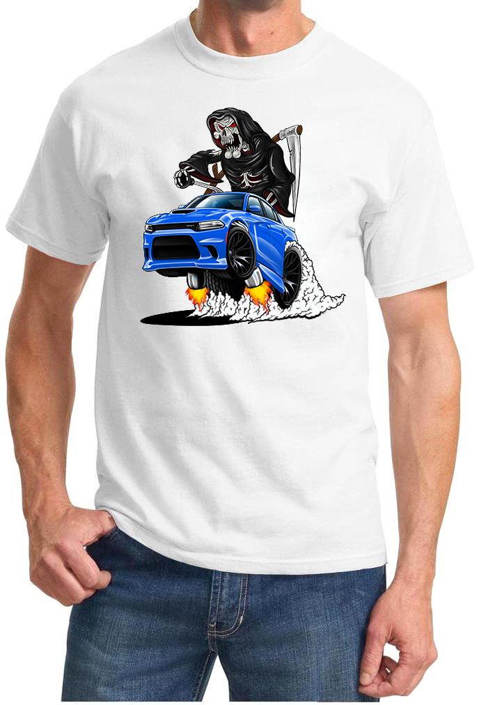 SRT Charger Hellcat Reaper Skeleton Blue Car Design Tshirt NEW - Picture 10 of 11