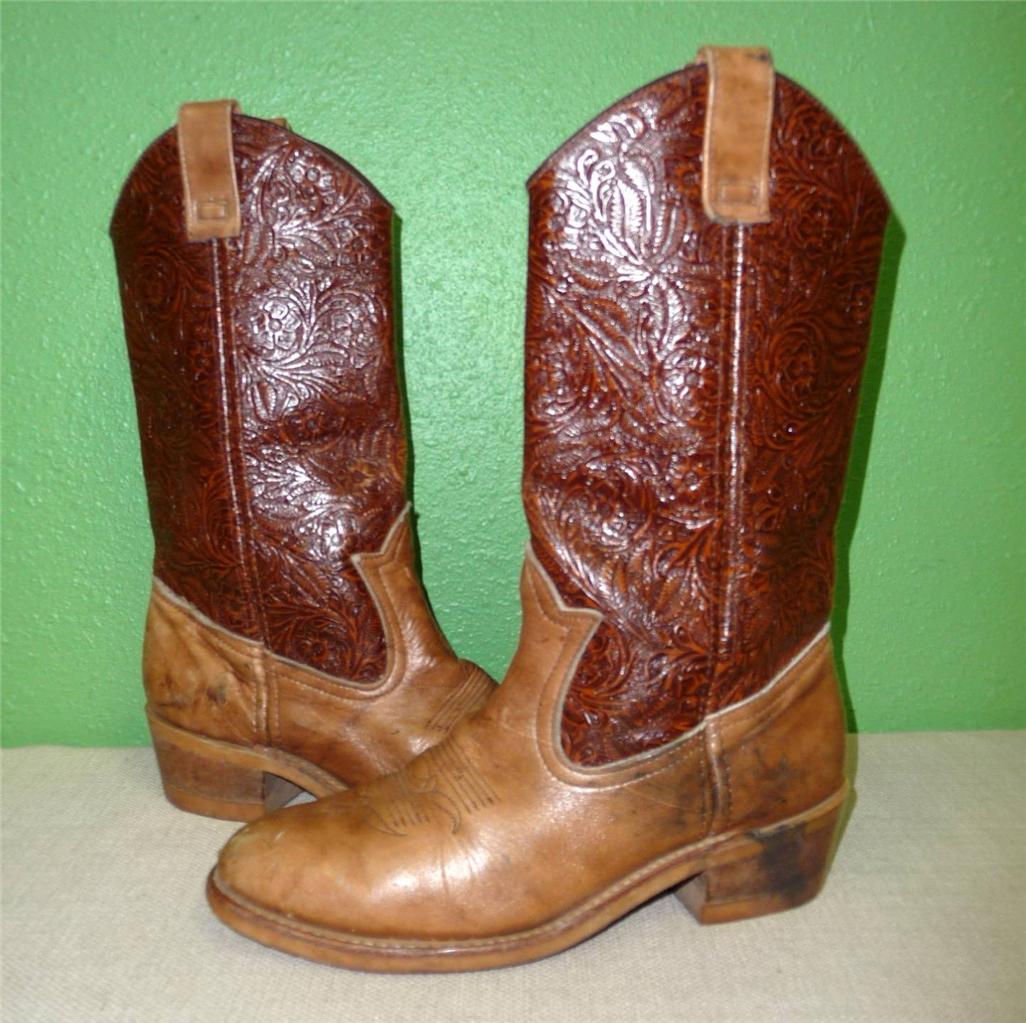 Vtg INTRICATELY TOOLED STEEL TOE Brown Leather Western Cowboy Boots Men ...