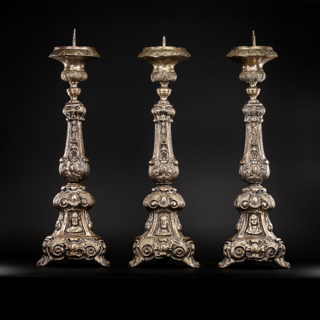Candlestick Set Three Antique French Brass Candle Holder Church