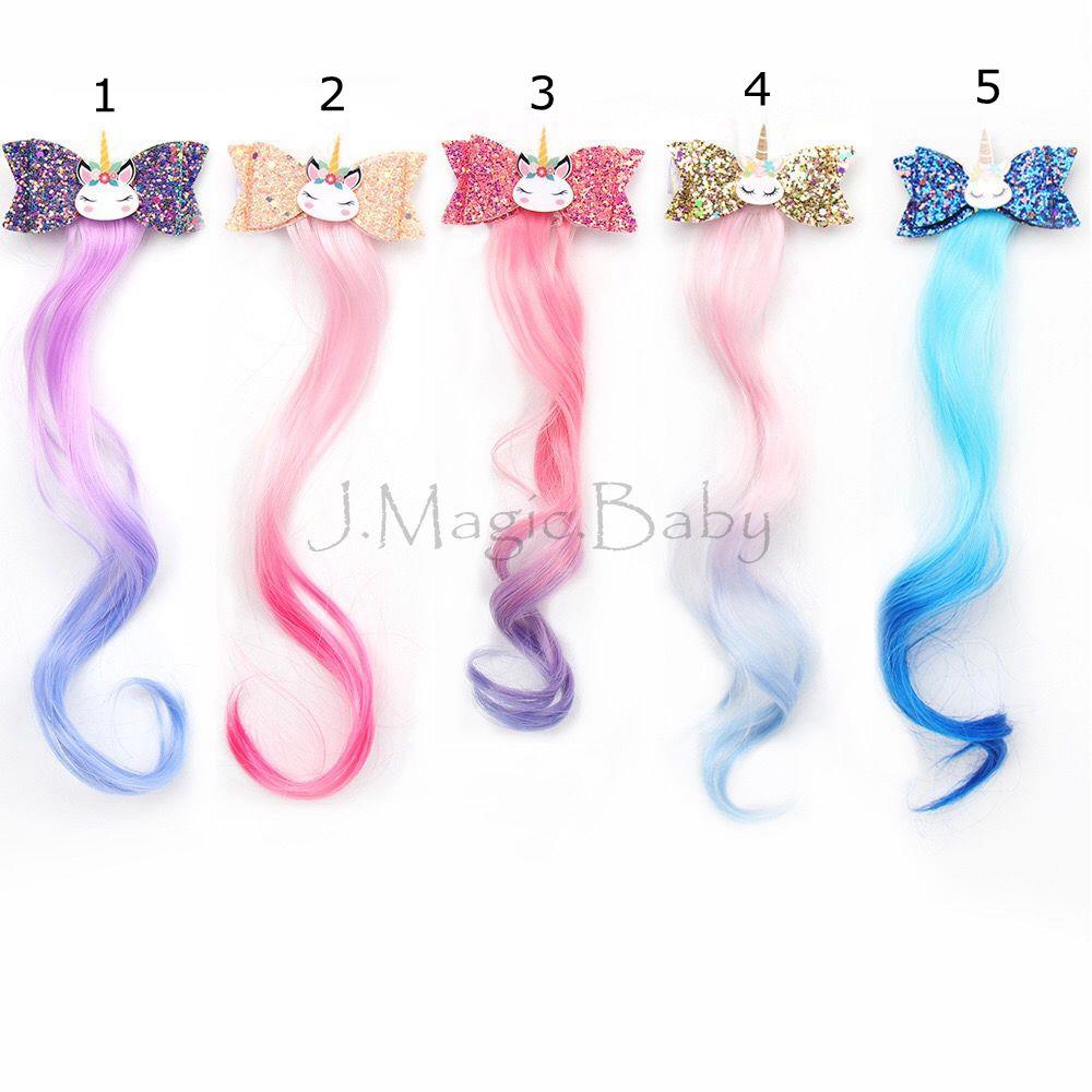 Girls Kids Unicorn Hair Clips Long Wig Ponytails Glitter Hair Bows Party Gift Ebay