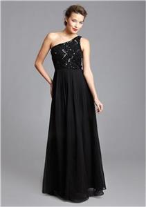 Aidan Mattox Black Sequined One Shoulder Pleated Formal Gown Size 14 NWT $420
