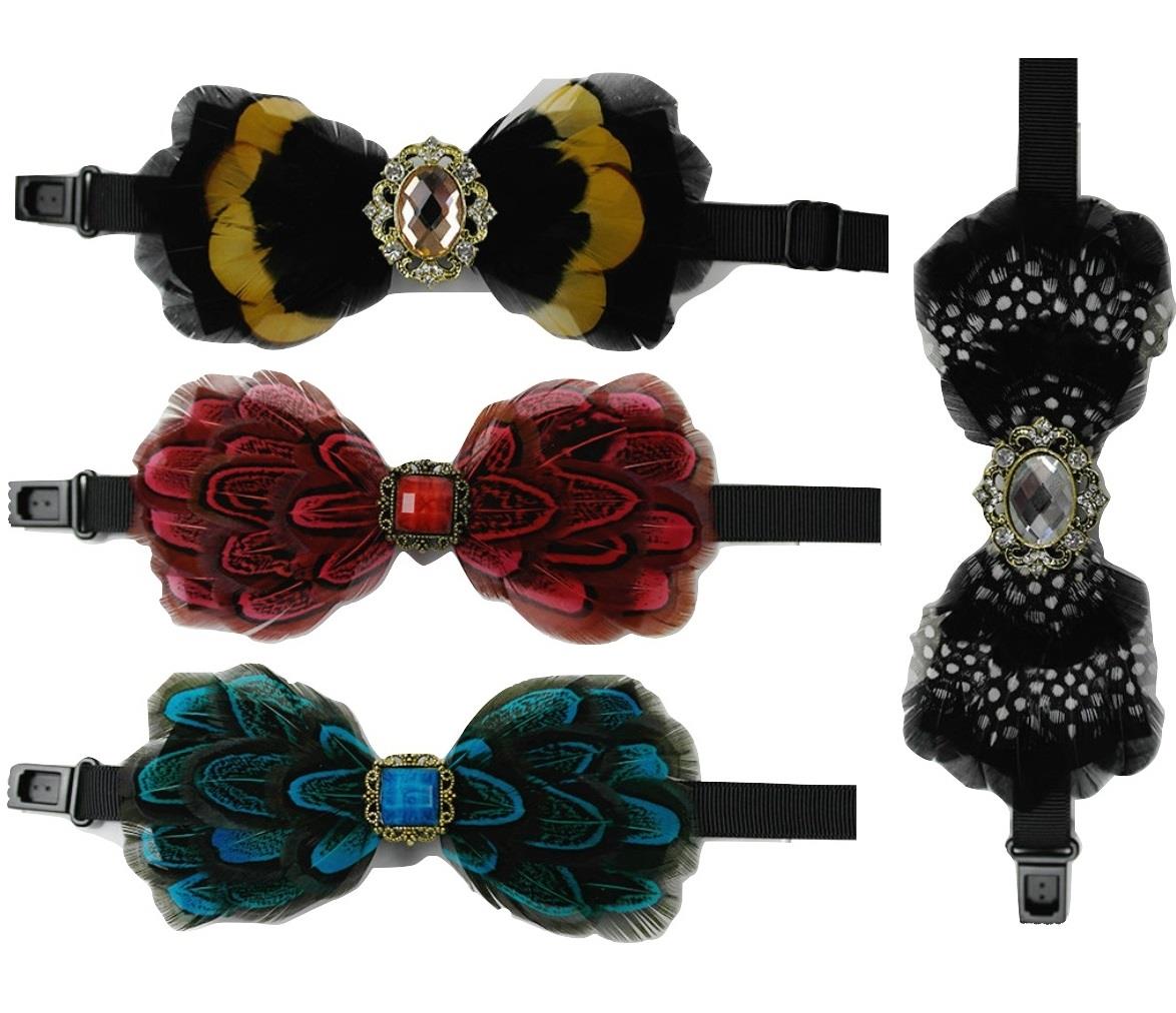 MENS BOYS PRE-TIED FEATHER BOW TIE CLIP PEACOCK BIRD Pheasant Gift Box Christmas
