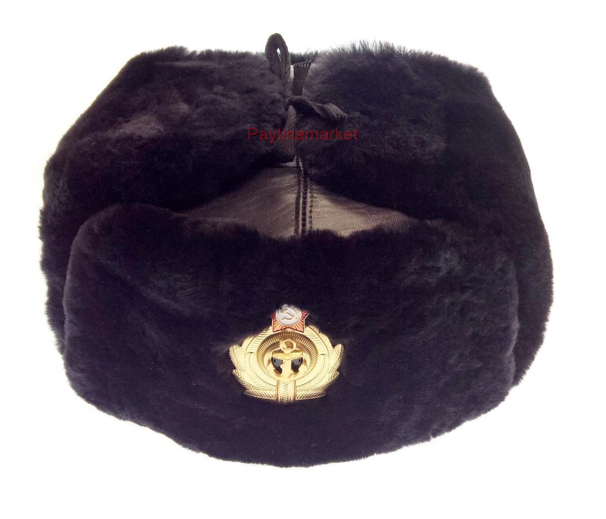 Navy Ushanka Officer VMF Military Cap Russian Army Winter Fur Naval Hat Leather