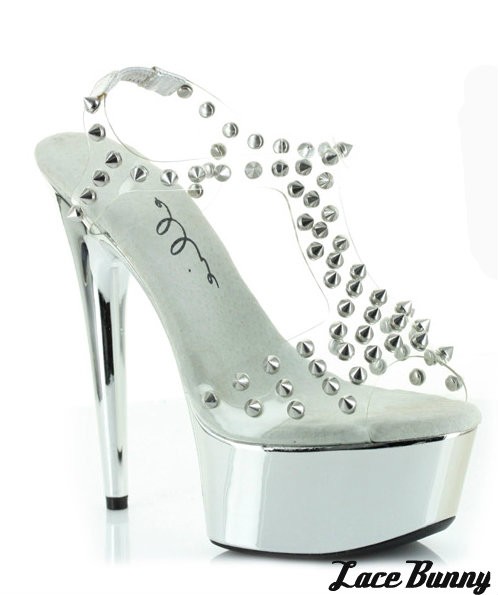 Exotic dance shoes Open Toe T-strap silver clear stripper dancer 609 ...
