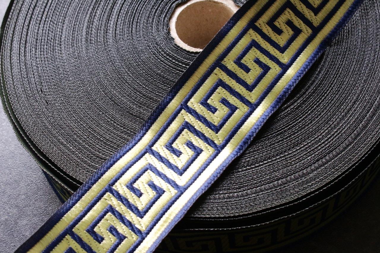 navy blue gold classic greek key design woven ribbon trim 35mm wide 2m