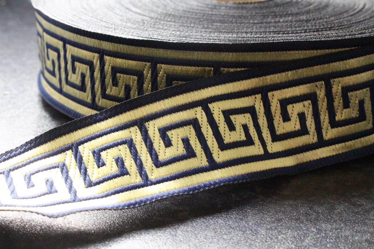 navy blue gold classic greek key design woven ribbon trim 35mm wide 2m