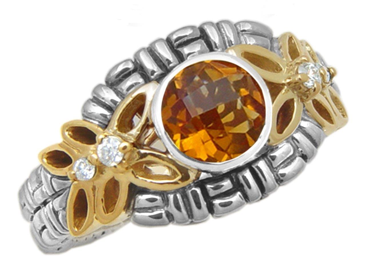 Bague achats créateur Philippe André or 18 carats et argent sterling diamants et citrine taille 7