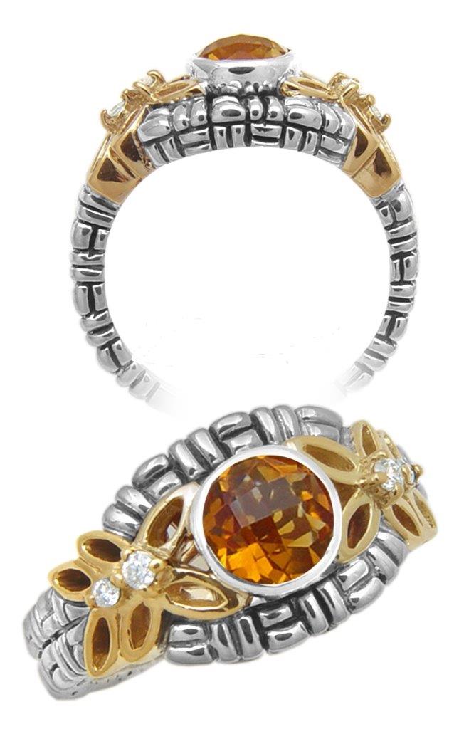 Bague achats créateur Philippe André or 18 carats et argent sterling diamants et citrine taille 7