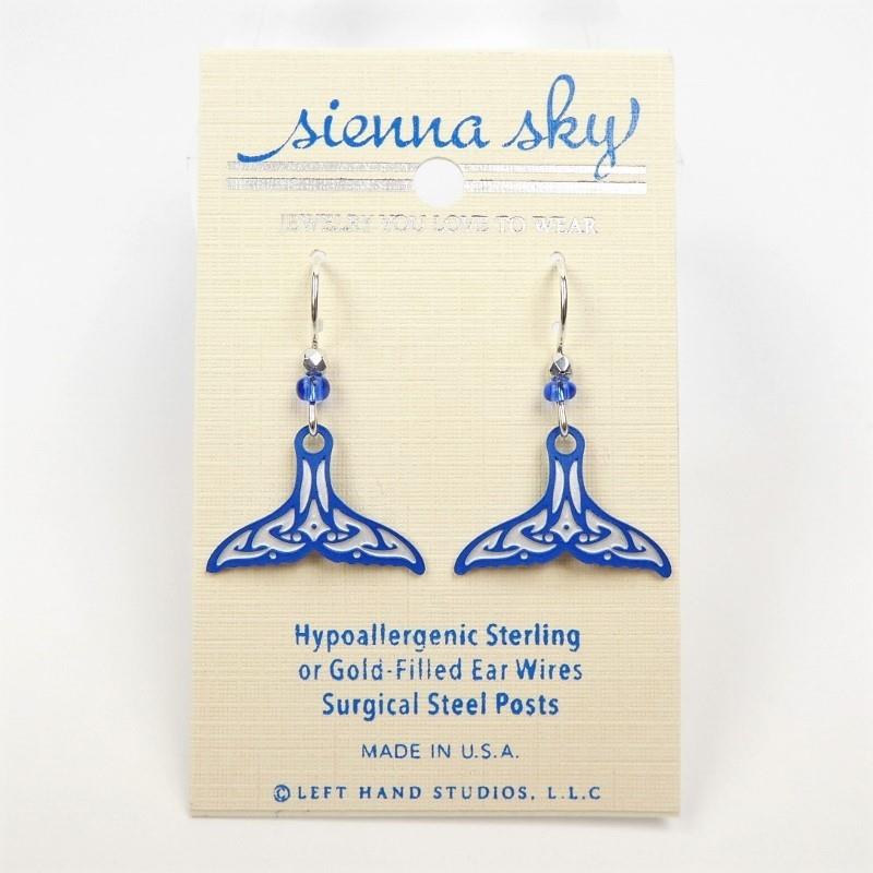 Blue & White Maori-Patterned Whale Tail Earrings Blue & White Maori-Patterned Whale Tail Earrings