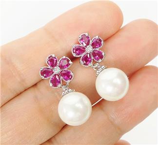 Sparkling Hot Pink Fuchsia CZ 10mm White Pearl Sterling