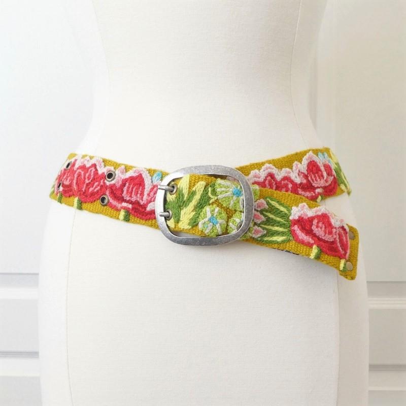New Jenny Krauss Giverny Yellow Embroidered Wool Belt Handmade in Peru S M L - Picture 10 of 12