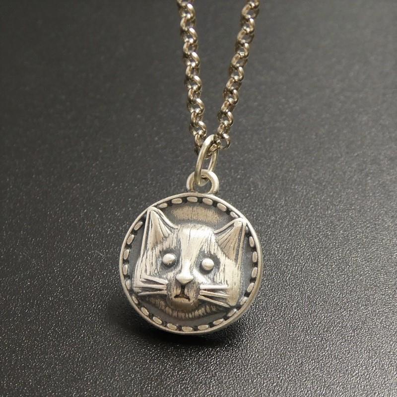 Handmade Unique Fun Sterling Silver Cat Face Round Charm Pendant Necklace - Picture 8 of 8