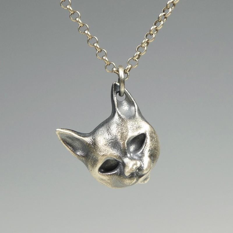 Black Oxidized 925 Sterling Silver Cat Skull Back Pendant