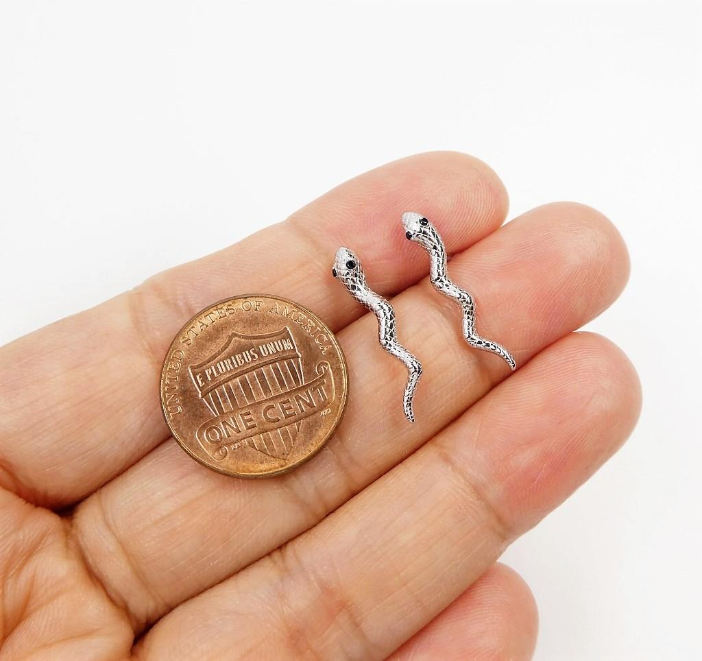 Gold or Silver 925 Sterling Silver Small Snake Stud Earrings Black CZ Eyes Chic