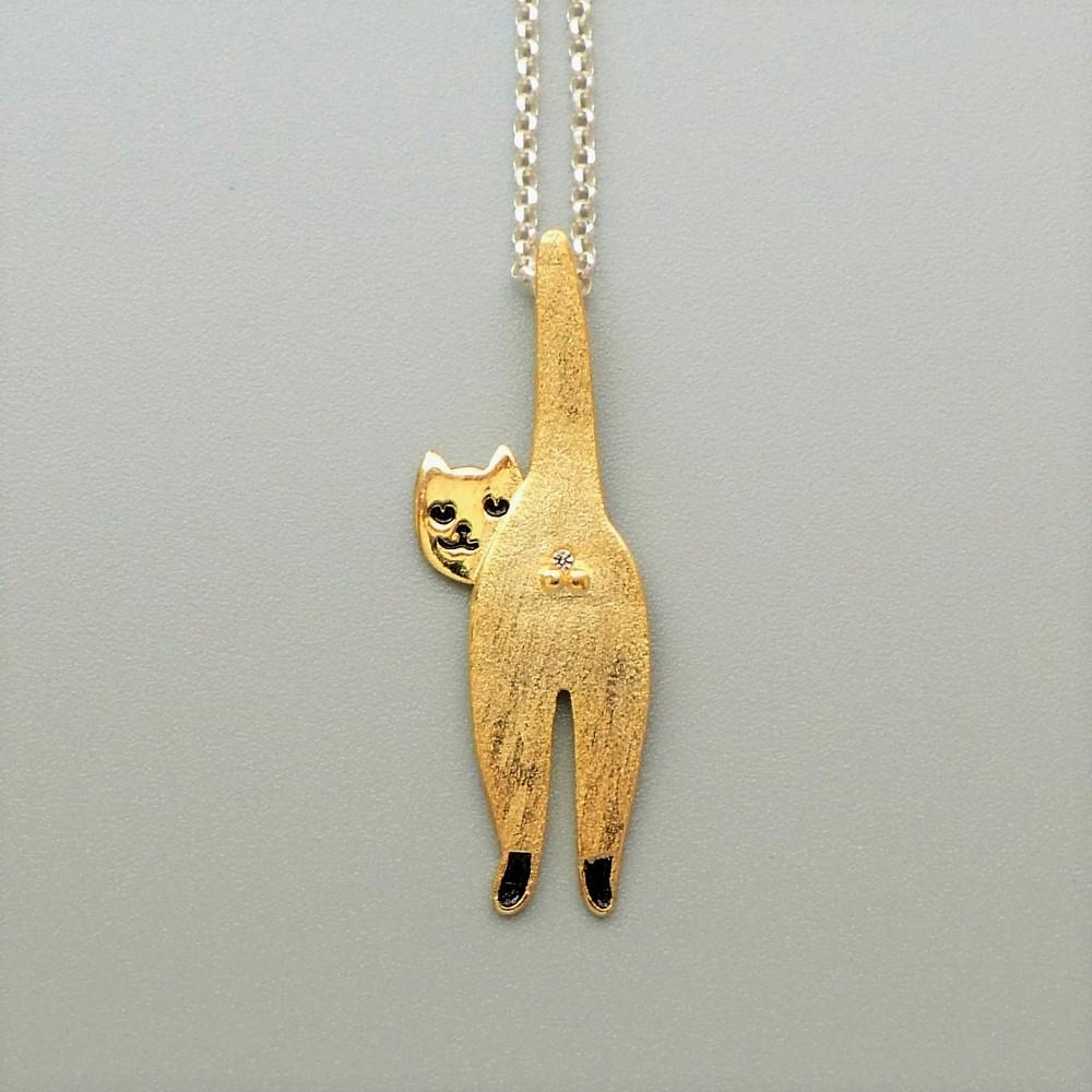 Gold Plated or Sterling Silver Head Turning Male Cat Pendant Necklace Whimsical