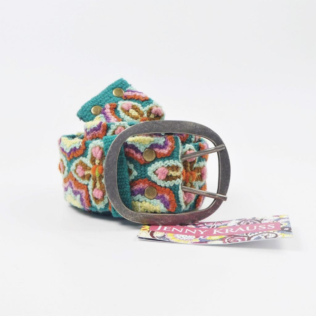New Jenny Krauss Mosaic Green Pink Embroidered Wool Belt Handmade Peru S M L - Picture 8 of 10