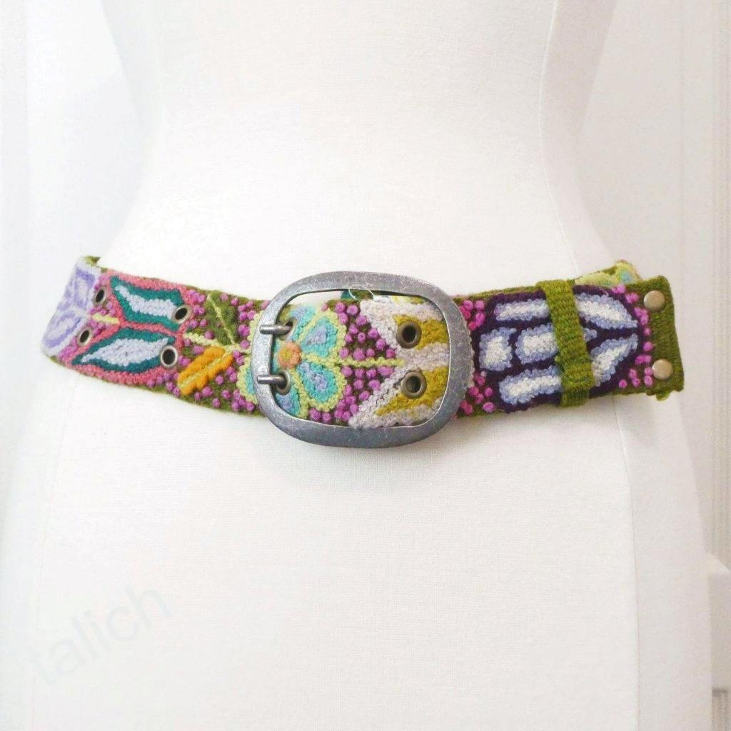 New Jenny Krauss Cute Floral Embroidered Wool Belt In Olive Handmade Peru S M L - Picture 11 of 13