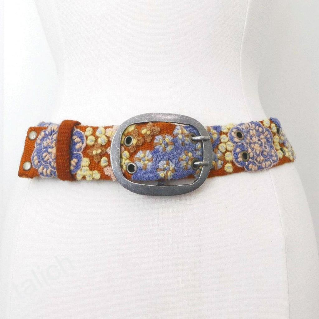 New Jenny Krauss Blue Floral Embroidered Brown Wool Belt Handmade Peru S M L - Picture 10 of 12