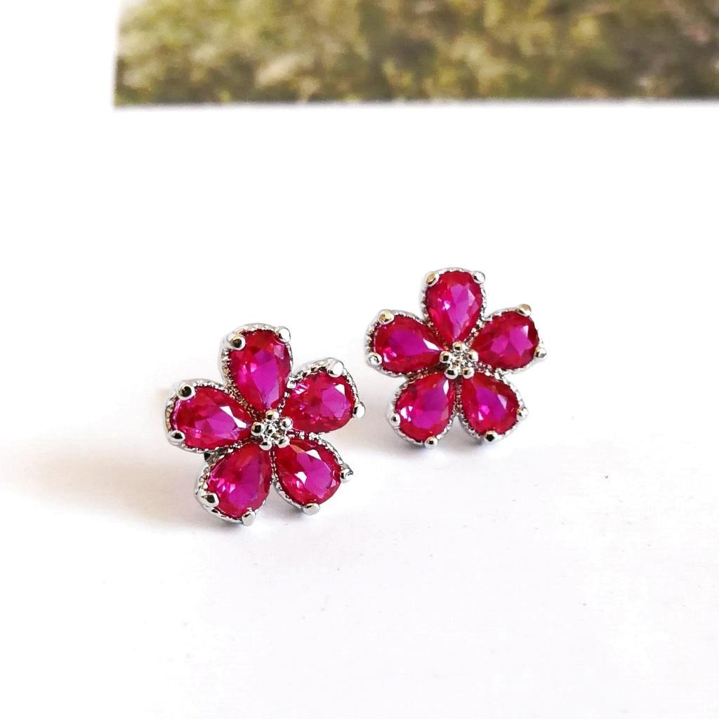 Sparkling Hot Pink Fuchsia CZ Flower Stud Earrings Rose Gold or Shiny Silver