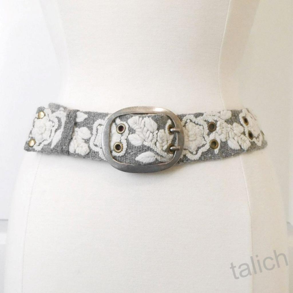 Jenny Krauss Heather Gray Cream White Two Tone Floral Embroidery Wool Belt S M L - Picture 8 of 10