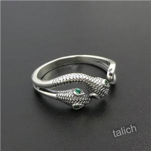 925 Sterling Silver Double Head Snake Ring with Green CZ