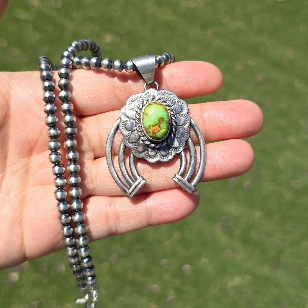 Collier mode pendentif Naja Navajo argent sterling Sonora or turquoise floral