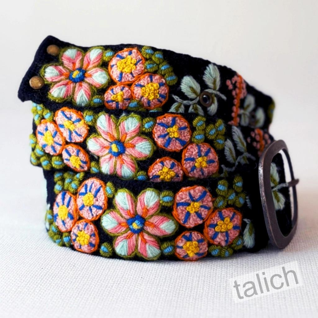 Jenny Krauss Handmade Southwest Walkabout Colorful Floral Embroidered Wool Belt