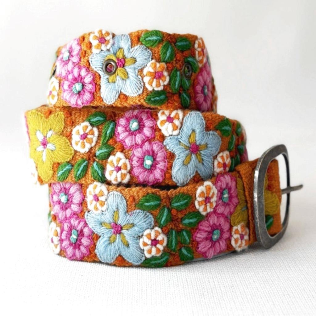 Jenny Krauss In the Garden Colorful Floral Embroidered Peru Handmade Wool Belt