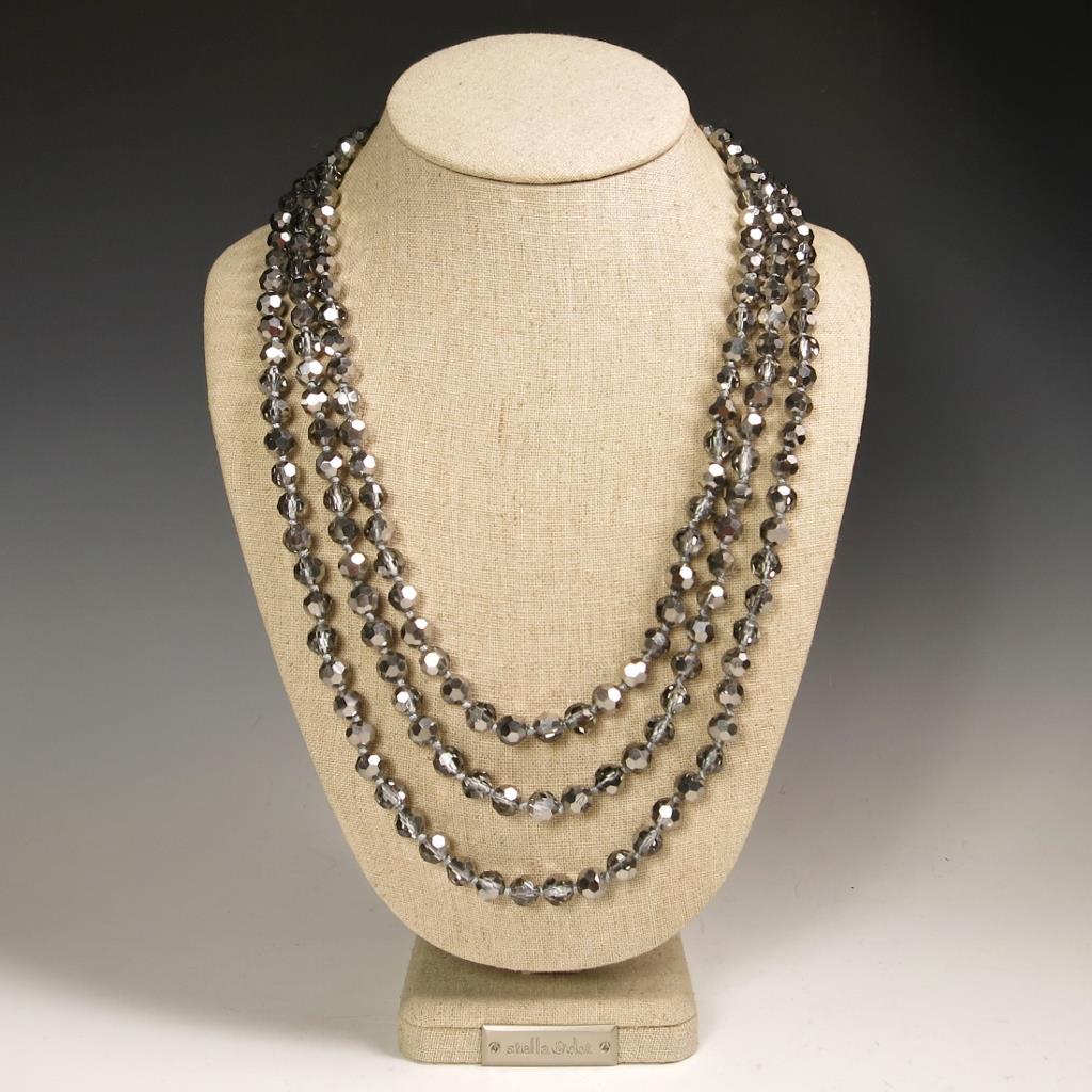 72" Faceted Metallic Silver Crystals Beaded Extra Long Strand Necklace