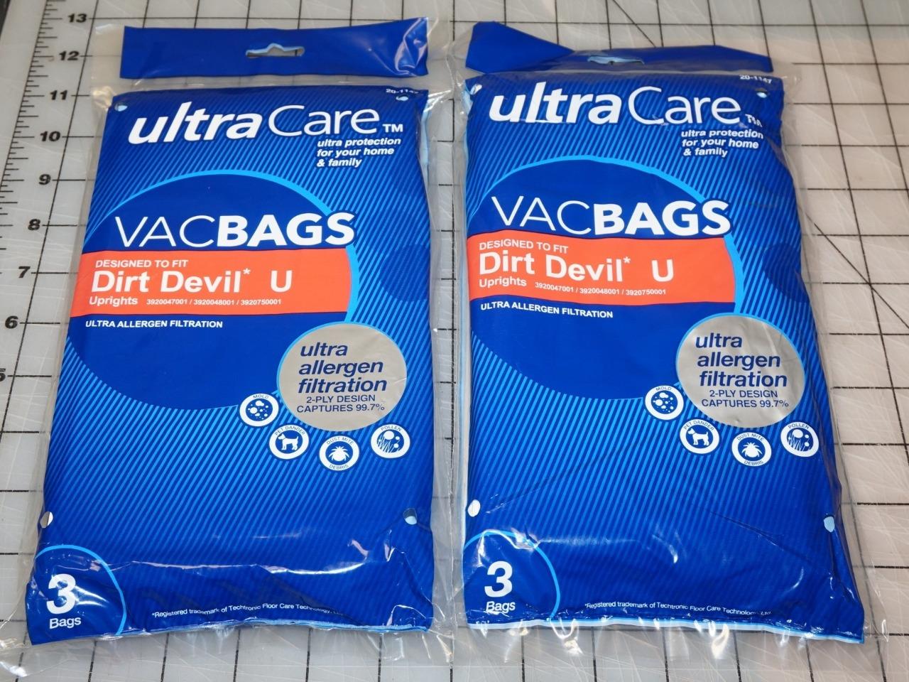 2 Packs 6 Bags Total Ultracare Vac Bags Dirt Devil U Uprights New 20