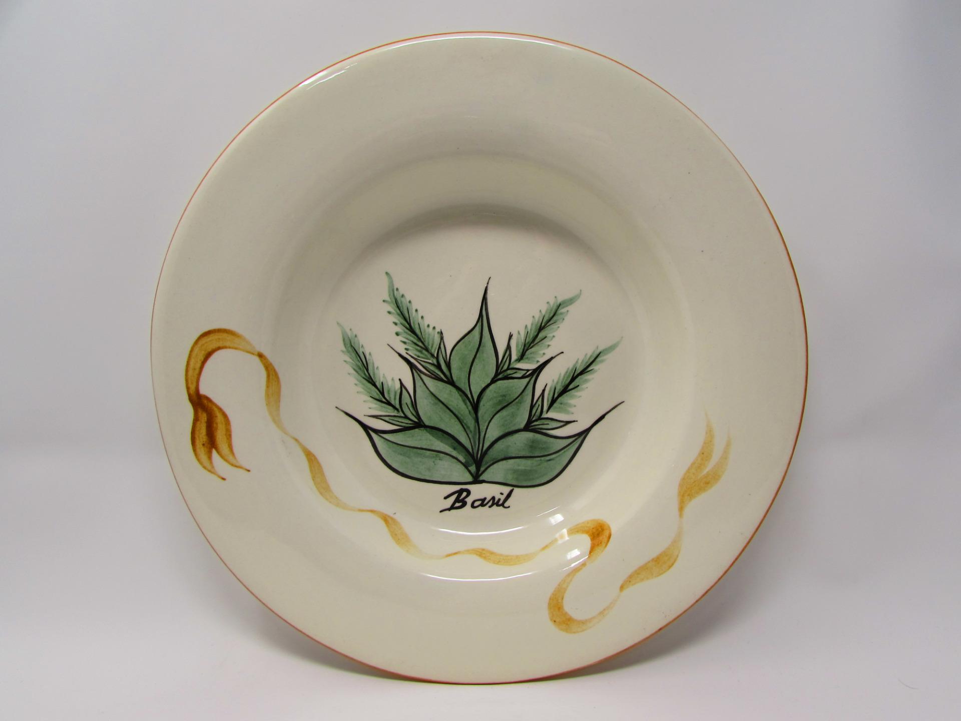 Herb Botanical Laurie Gates Pasta Salad Bowl Basil Cream Brown Ribbon