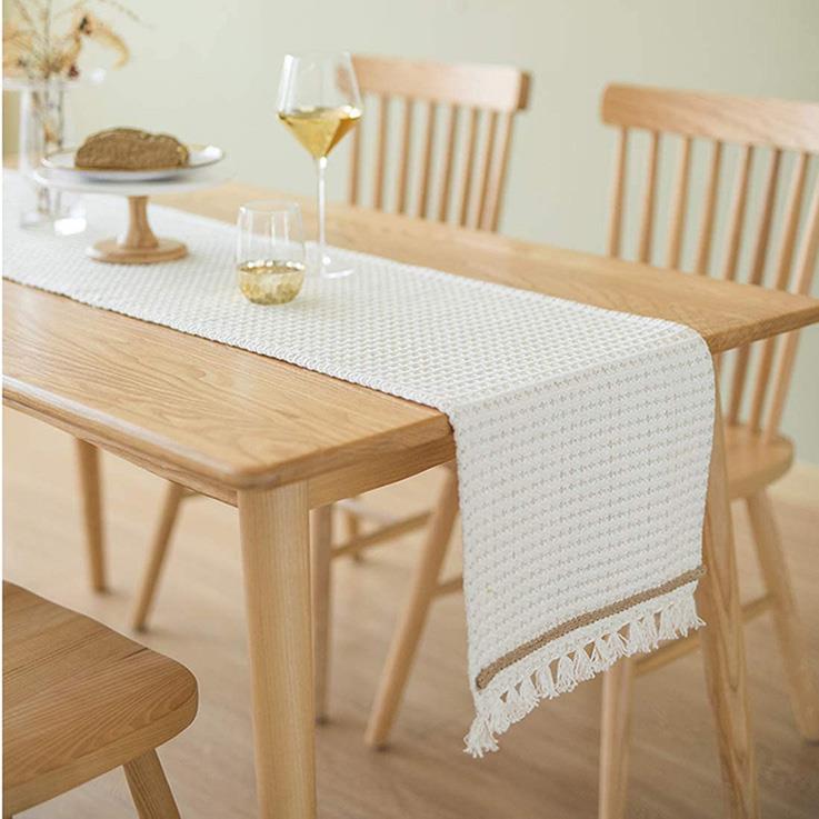 Beige & Off White Double Weave Waffle Striped Cotton Table Runner