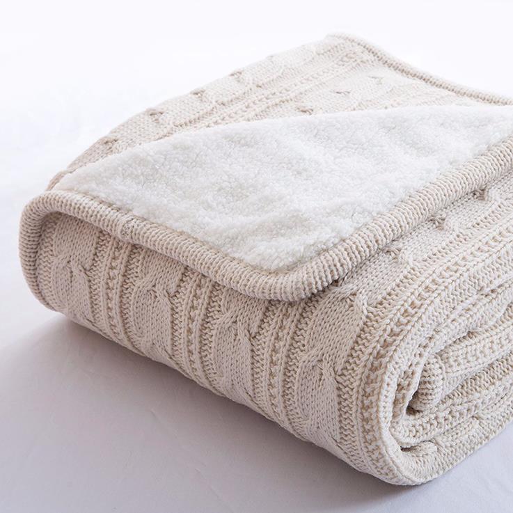 Cable Knit Sherpa Throw Blanket Reversible Faux Sheepskin lambswool