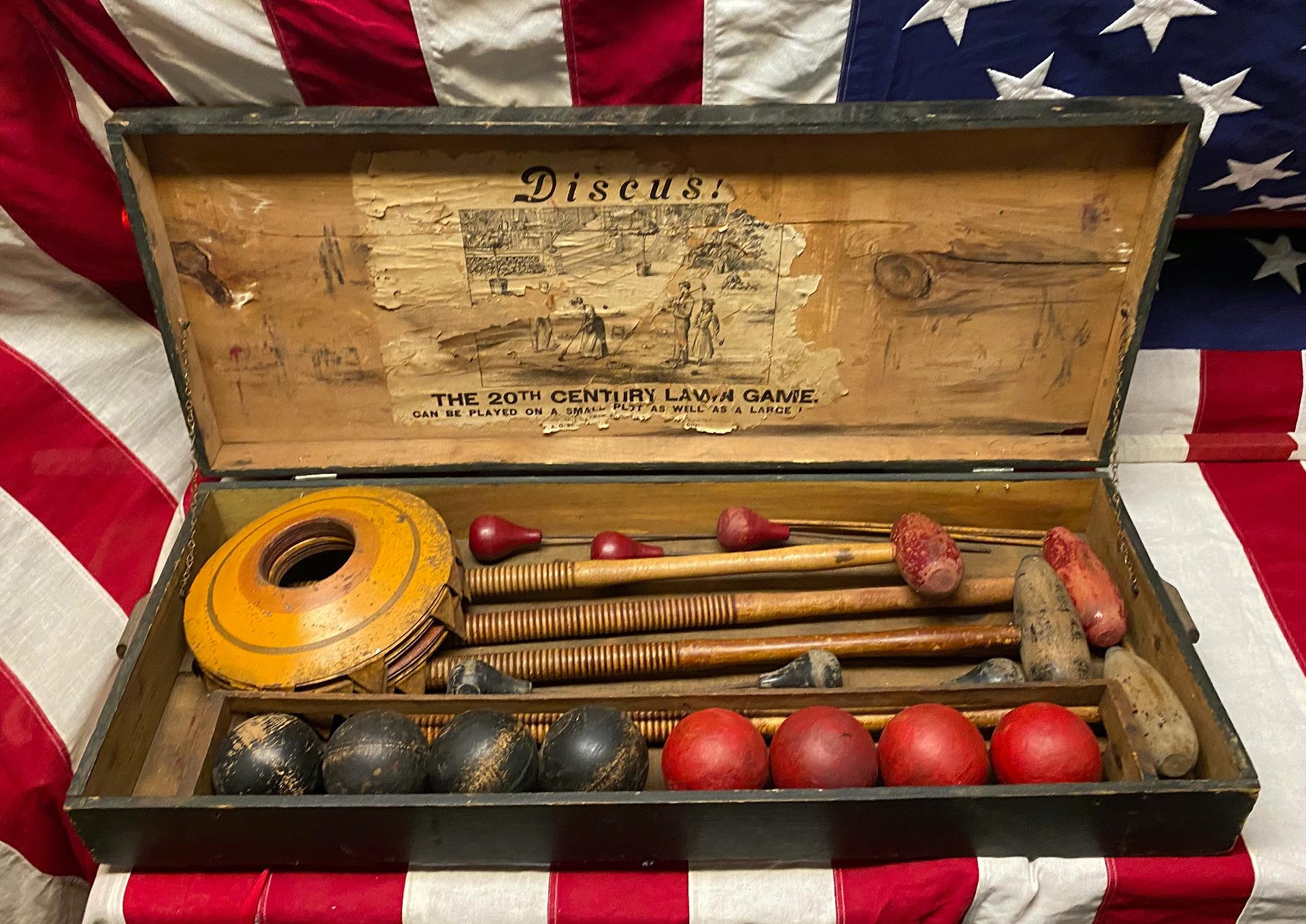 Vintage 1890s Discus Croquet Lawn Game Antique Wood Case FAO Schwarz