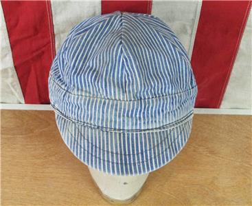 Vintage 1940s Denim Hickory Stripe Work Cap Hat Short Visor