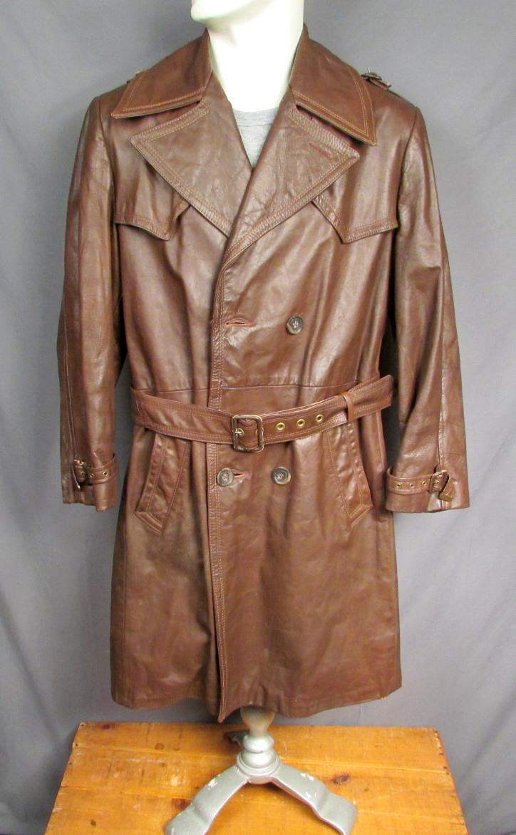 Vintage 1970s Grais Brown Leather Trench Coat Long Jacket Waist Belt Sz ...