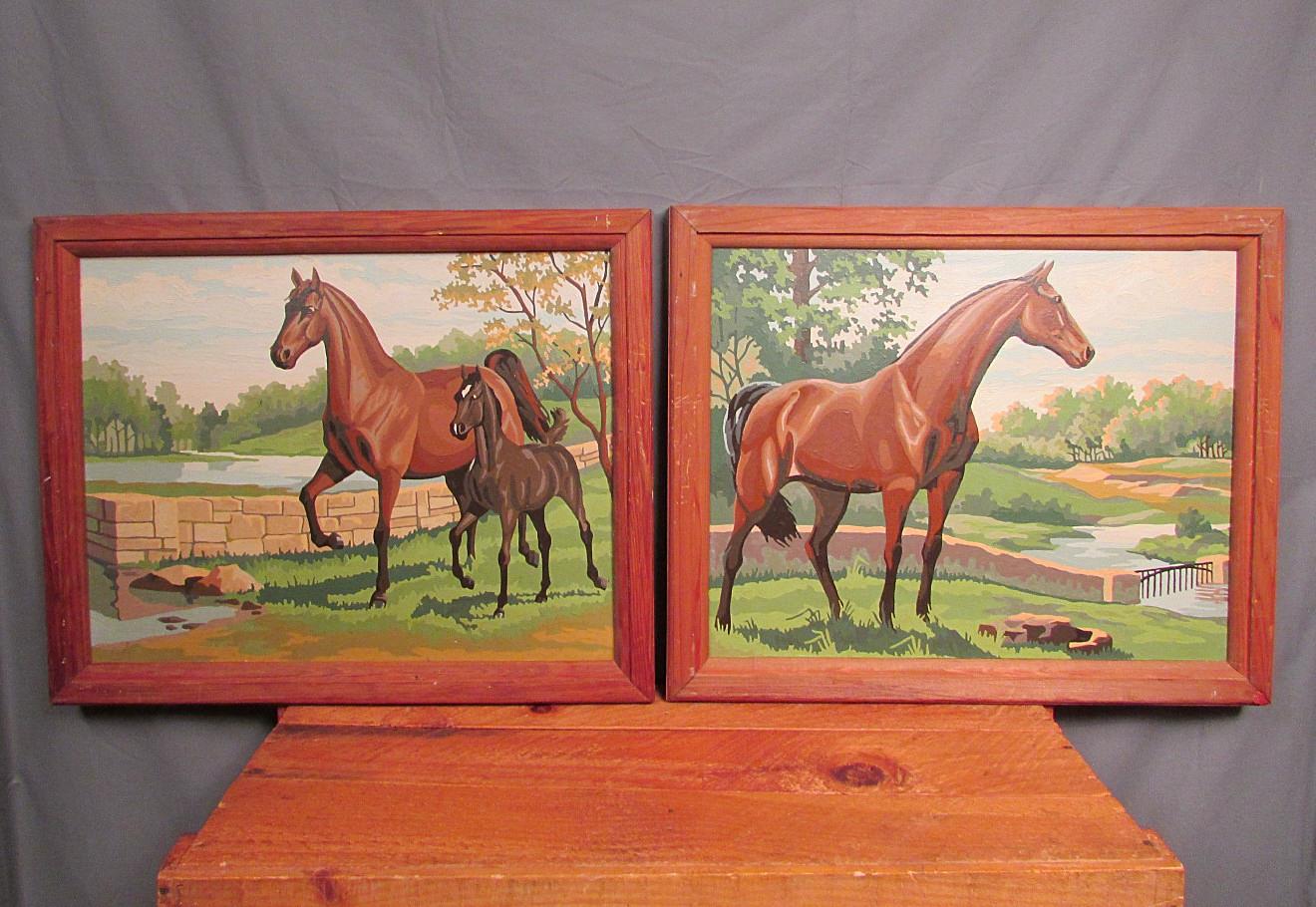 Vintage Paint By Numbers Collectible Horse Paintings PBN 22"x18" Framed