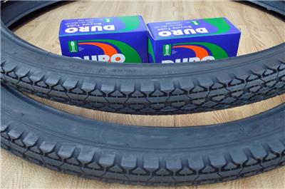 2 DURO BEACH CRUISER BICYCLE TIRES,26X2.125,BLUE/&W.WALLS,DIAMOND PATTERN /&TUBES